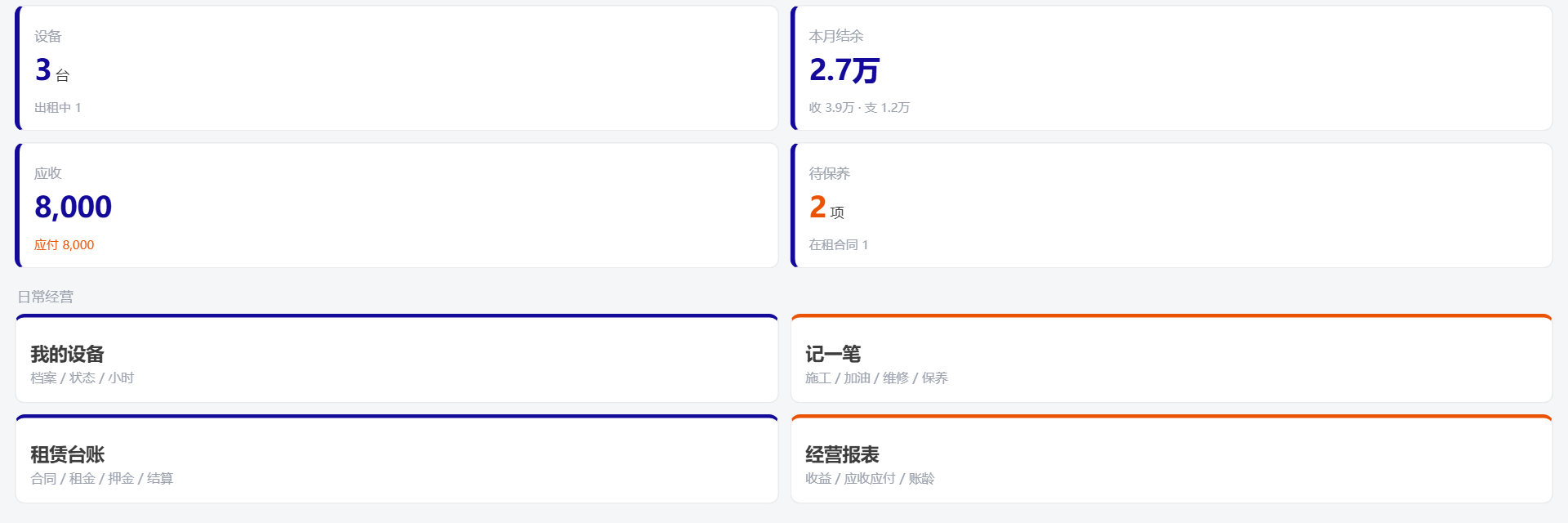 设备经营总览，包含设备数量、结余、应收和待保养信息